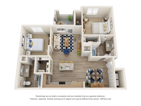 Floor plan for 2 beds, 2 baths, 1033 sqft